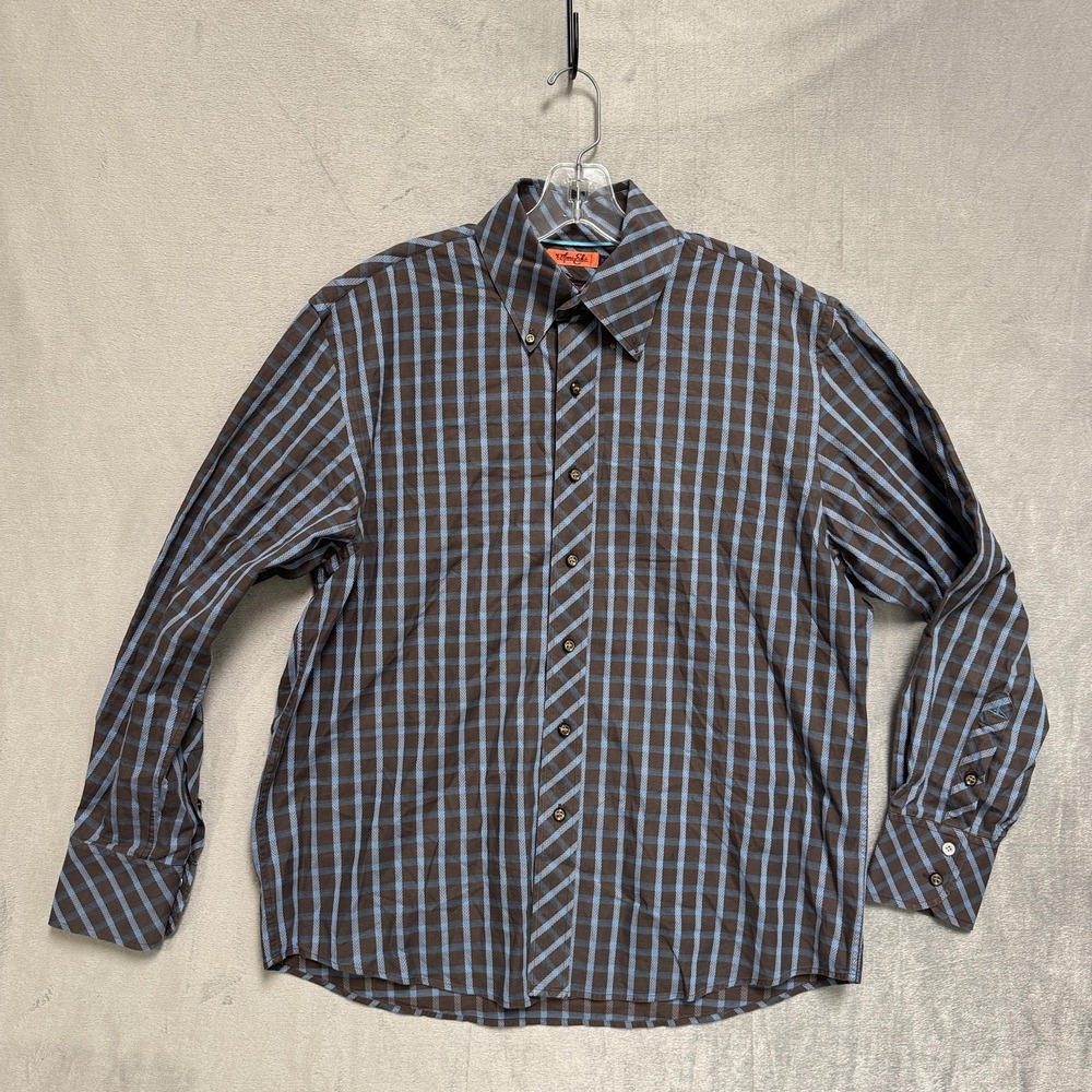 Marc Ecko Shirt Mens Medium Brown Blue‎ Check Long Sleeve Button Down Casual